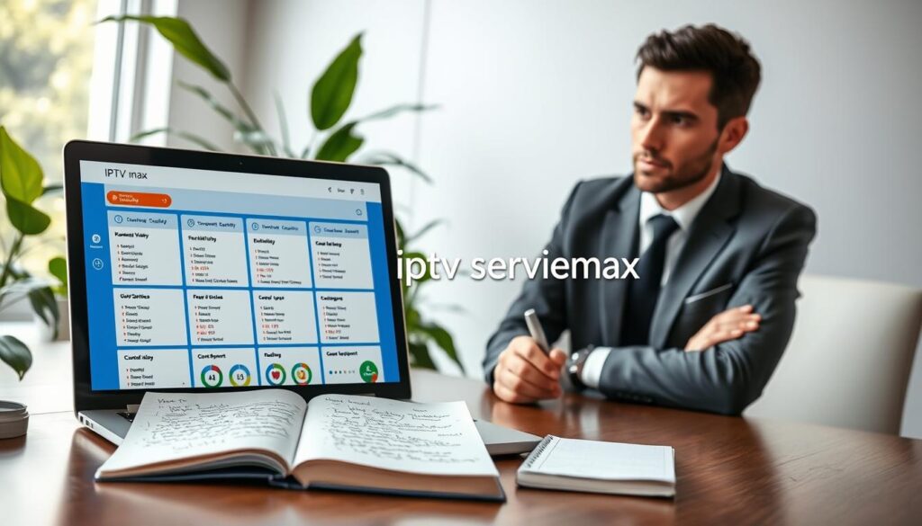 A polished workspace featuring a professional evaluation of IPTV providers. In the foreground, a laptop displays a vibrant dashboard interface with statistics and ratings for various IPTV services. Beside it, a notepad is filled with handwritten notes on criteria like reliability, channel variety, streaming quality, and customer support. In the middle ground, a focused professional in business attire analyzes these notes, gazing thoughtfully at the screen, conveying determination and expertise. The background features a large window letting in natural light, creating a bright and airy atmosphere, with subtle green plants enhancing the sense of a conducive working environment. The scene is well-composed, shot from a slightly elevated angle to capture all elements elegantly. The brand "iptvservicemax.com" is subtly integrated into the laptop screen's interface, emphasizing a modern and tech-savvy vibe.