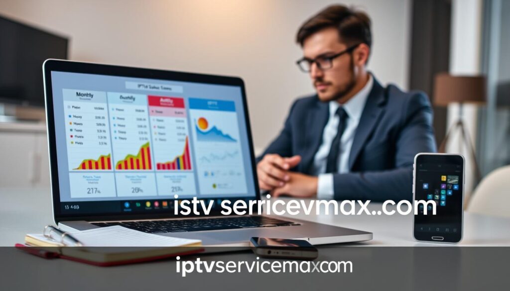 A professional and informative scene depicting an analysis of IPTV subscription plans. In the foreground, a sleek, modern laptop displays colorful graphs and charts comparing monthly, quarterly, and annual plans. Beside the laptop, a notepad with handwritten notes and a smartphone showing a streaming app, all on a clean, minimalist desk. In the middle ground, a well-dressed business professional, male or female, thoughtfully analyzes the data while gazing at the screen. The background features a subtle, blurred office environment with soft, warm lighting creating a focused atmosphere. The scene reflects a sense of diligence and clarity, aimed at helping viewers make informed decisions about their IPTV options. Include the brand name "iptvservicemax.com" subtly integrated into the design elements.