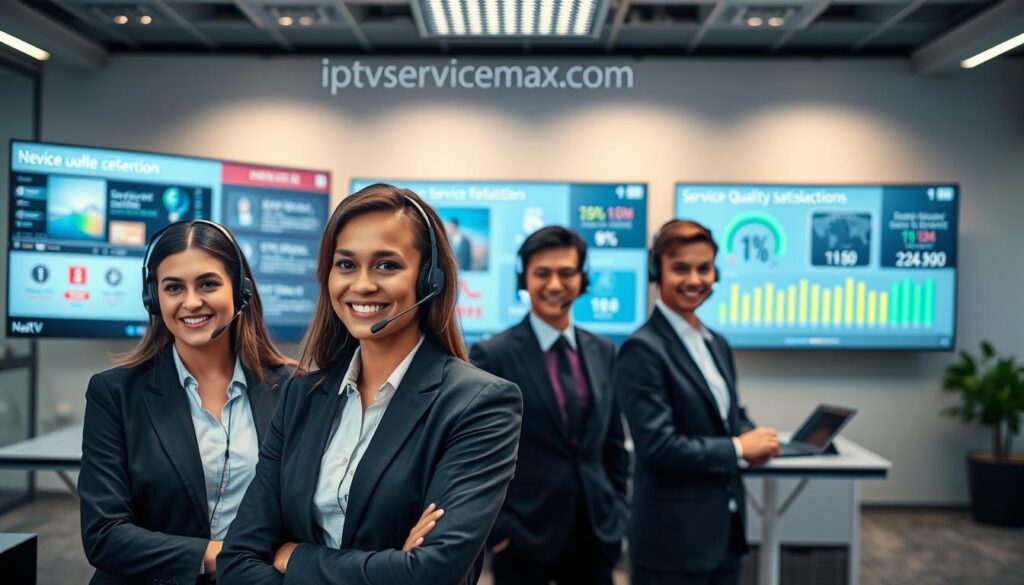 A professional and modern IPTV customer support overview scene. In the foreground, a diverse group of three customer support representatives in smart business attire, actively engaging with customers on headsets, displaying a friendly and helpful demeanor. In the middle ground, large screens showing NaxaTV interface and service quality metrics, along with visually appealing graphics representing customer satisfaction. The background features a sleek, contemporary office environment with subtle branding of "iptvservicemax.com" integrated into the design. Soft, diffused lighting enhances the professional atmosphere, while a slight depth of field focuses on the representatives. The mood conveys efficiency and a commitment to high service quality, capturing the essence of customer support excellence in the IPTV industry. A professional and modern IPTV customer support overview scene. In the foreground, a diverse group of three customer support representatives in smart business attire, actively engaging with customers on headsets, displaying a friendly and helpful demeanor. In the middle ground, large screens showing NaxaTV interface and service quality metrics, along with visually appealing graphics representing customer satisfaction. The background features a sleek, contemporary office environment with subtle branding of "iptvservicemax.com" integrated into the design. Soft, diffused lighting enhances the professional atmosphere, while a slight depth of field focuses on the representatives. The mood conveys efficiency and a commitment to high service quality, capturing the essence of customer support excellence in the IPTV industry.