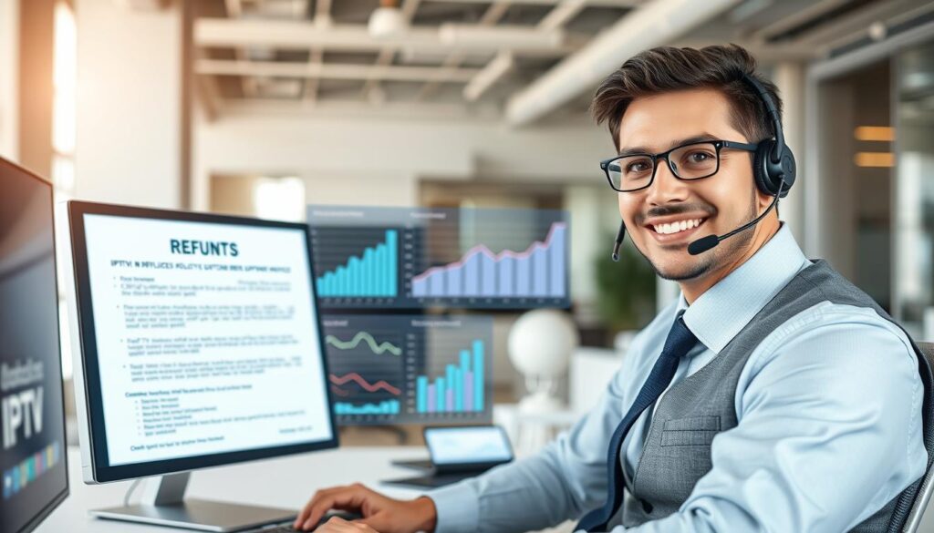 A professional and visually engaging depiction of an IPTV refund policy and customer support scene. The foreground features a well-dressed customer support representative, sitting at a modern desk with a computer showing a detailed IPTV refund policy document. In the middle, a dynamic digital display shows graphs and trends related to IPTV services, emphasizing customer satisfaction and support metrics. The background is an open, modern office environment with soft lighting, creating an inviting atmosphere. Use a wide-angle lens to capture the details, ensuring a focus on the representative's friendly demeanor and attentive expression. The overall mood should convey reliability, professionalism, and an innovative approach to customer service associated with the brand name "iptvservicemax.com".