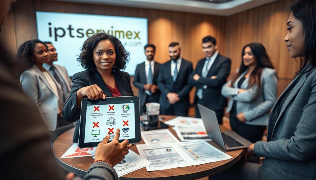 A professional business setting featuring a diverse group of individuals in smart attire, engaged in a discussion about IPTV suppliers. In the foreground, a middle-aged African American woman points to a digital tablet displaying various IPTV supplier logos with red "X" marks over the ineffective options. The middle section shows a round table cluttered with documents and a laptop, with charts illustrating common mistakes like poor customer support, hidden fees, and lack of content options. In the background, a large screen displays the brand logo "iptvservicemax.com." The scene is well-lit with warm tones, creating a focused and thoughtful atmosphere, shot with a shallow depth of field to emphasize the discussion.