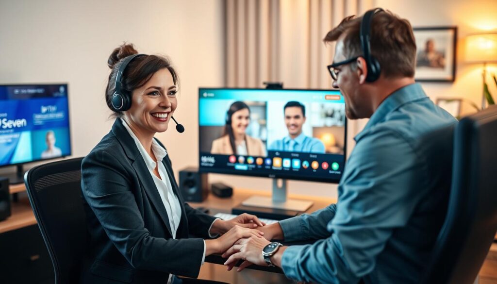 A professional customer service representative assisting a client over a video call, seated at a modern desk with a computer showcasing vibrant IPTV interface graphics. The foreground features the representative, a middle-aged woman in smart casual attire, displaying a friendly demeanor and engaged body language. In the middle, the client appears on the screen with a satisfied expression, surrounded by various streaming devices. The background is softly illuminated, depicting a cozy home office with clean lines and soothing colors, evoking a sense of reliability and support. Gentle, warm lighting enhances the inviting atmosphere, focusing on the connection between the representative and the client, with the brand name "iptvservicemax.com" subtly visible on the screen. The overall mood is professional yet approachable, highlighting the trust and efficiency of Layerseven IPTV support.