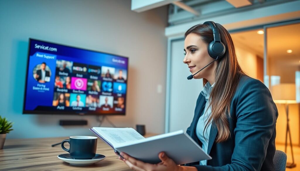 A professional customer support representative in a modern, well-lit office environment, assisting a customer with IPTV services, showcasing the theme of around-the-clock support. In the foreground, a focused individual, dressed in business attire, is engaged in a detailed conversation via a headset, with a computer displaying the IPTV servicemax.com support interface. In the middle, an open notebook with notes and a cup of coffee signifies dedication and attentiveness. The background features a sleek wall-mounted TV showing various streaming options, emphasizing the IPTV feature. The lighting is bright and inviting, with a warm ambiance, conveying a sense of reliability and trust in customer support.