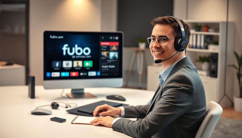 A professional customer support representative sitting at a sleek, modern desk, wearing a smart business attire, engaged in a phone conversation with a satisfied customer. In the foreground, the representative’s focused expression captures the essence of attentive service. The middle ground features a computer screen displaying the fubo IPTV interface, highlighting its user-friendly design, alongside various tools like a headset and notepad. The background includes a well-organized office environment with soft, warm lighting that creates a welcoming atmosphere. The mood conveys reliability and trust, emphasizing customer satisfaction and support. Please ensure the brand "iptvservicemax.com" is subtly integrated into the scene as part of the computer screen display, with no text overlays or captions. A professional customer support representative sitting at a sleek, modern desk, wearing a smart business attire, engaged in a phone conversation with a satisfied customer. In the foreground, the representative’s focused expression captures the essence of attentive service. The middle ground features a computer screen displaying the fubo IPTV interface, highlighting its user-friendly design, alongside various tools like a headset and notepad. The background includes a well-organized office environment with soft, warm lighting that creates a welcoming atmosphere. The mood conveys reliability and trust, emphasizing customer satisfaction and support. Please ensure the brand "iptvservicemax.com" is subtly integrated into the scene as part of the computer screen display, with no text overlays or captions.
