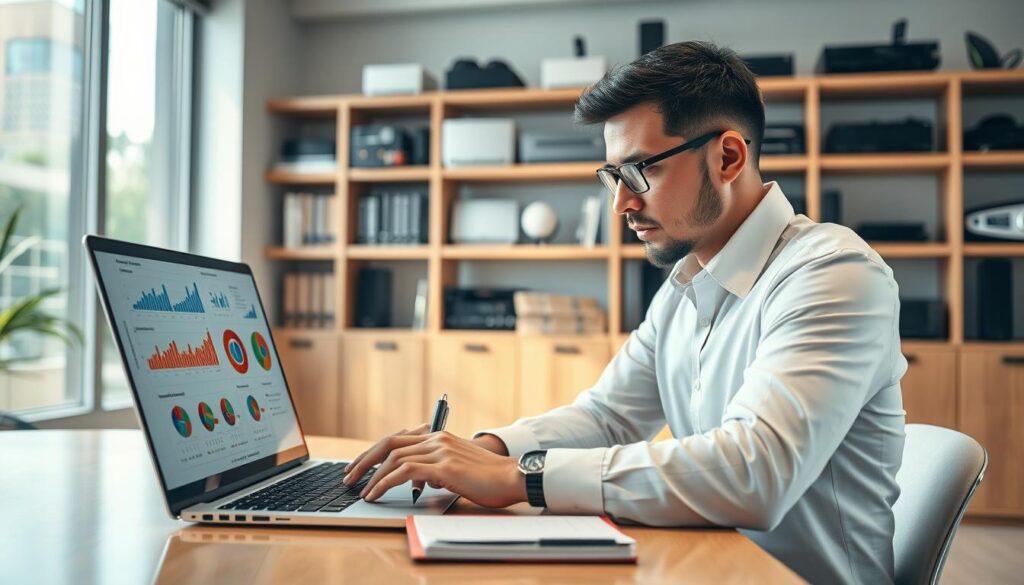 A professional individual in business attire sits at a modern desk, thoroughly evaluating IPTV supplier options on a sleek laptop. In the foreground, various charts and graphs are displayed on the laptop screen, symbolizing reliability and performance. The individual has a contemplative expression, pen in hand, with a notepad filled with notes beside them. In the middle background, shelves are lined with technology books and equipment, indicating expertise in the field. Soft, natural lighting filters through a large window, creating a warm atmosphere that conveys focus and determination. The room's decor showcases modernity, hinting at innovation in technologies. The brand name "iptvservicemax.com" subtly appears on the laptop screen, connecting the image to reliable IPTV services.