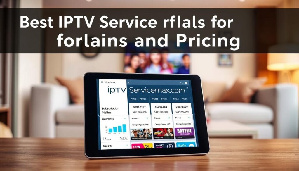 A professional, informative image illustrating the concept of "Best IPTV Service for Plans and Pricing." In the foreground, depict a sleek, modern tablet displaying an attractive IPTV interface, showcasing different subscription plans and pricing tiers, arranged neatly for easy comparison. In the middle, include sophisticated visual elements such as charts and icons, representing a variety of streaming options, with visually engaging graphics that represent entertainment value. In the background, create a cozy living room setting with soft, warm lighting, emphasizing a peaceful home environment perfect for streaming. Use a shallow depth of field to focus on the tablet, blurring the background slightly to keep attention on the subject. Incorporate the brand name "iptvservicemax.com" subtly within the tablet display, maintaining a professional atmosphere.