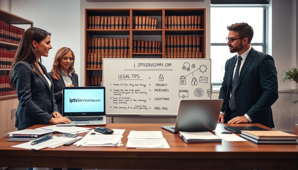 A professional office setting focusing on "Legal Considerations, Privacy, and Safety Tips." In the foreground, a diverse group of three professionals (one woman and two men) in business attire, engaged in a discussion around a table filled with legal documents and a laptop displaying the website "iptvservicemax.com." The middle section features a large whiteboard filled with bullet points on legal tips and privacy measures, along with illustrations of locks and shields, symbolizing safety and security. The background shows shelves with law books and a window letting in soft, natural light, creating an atmosphere of seriousness and professionalism. The overall mood conveys a sense of caution and diligence, emphasizing the importance of legal awareness in technology use.