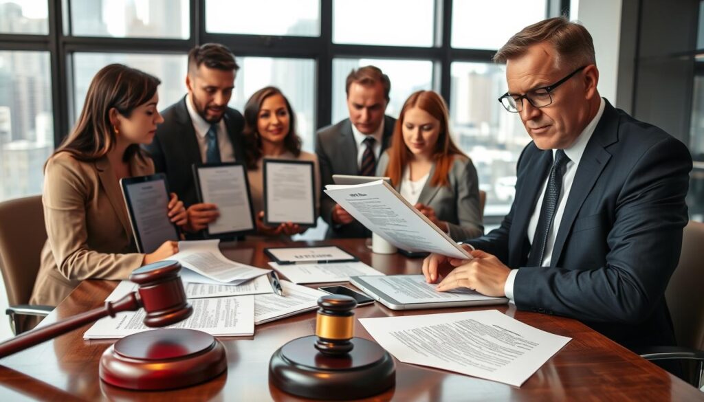 A professional office setting, showcasing a legal advisor's desk with documents and tablets displaying IPTV service guidelines. In the foreground, a sophisticated lawyer in business attire, holding a legal book, engages with a diverse group of individuals, reflecting careful consideration with serious expressions. The middle features various legal elements like contracts, regulatory letters, and a gavel partially obscured by a sleek laptop. The background includes large windows with city views, allowing natural light to flood the room, creating a bright and analytical atmosphere. The overall mood is serious and informative, emphasizing the importance of legal considerations in selecting IPTV providers. The brand name "iptvservicemax.com" subtly integrated into a document on the desk adds relevance to the scene. A professional office setting, showcasing a legal advisor's desk with documents and tablets displaying IPTV service guidelines. In the foreground, a sophisticated lawyer in business attire, holding a legal book, engages with a diverse group of individuals, reflecting careful consideration with serious expressions. The middle features various legal elements like contracts, regulatory letters, and a gavel partially obscured by a sleek laptop. The background includes large windows with city views, allowing natural light to flood the room, creating a bright and analytical atmosphere. The overall mood is serious and informative, emphasizing the importance of legal considerations in selecting IPTV providers. The brand name "iptvservicemax.com" subtly integrated into a document on the desk adds relevance to the scene.