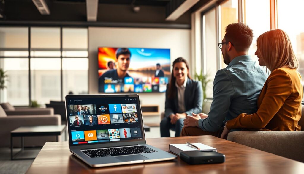 A professional office setting showcasing the benefits of using trusted IPTV suppliers. In the foreground, a diverse group of three individuals, dressed in casual business attire, are engaged in a discussion about IPTV services, with a laptop displaying a vivid interface of an IPTV service like iptvservicemax.com. In the middle ground, a large screen on the wall shows vibrant streaming content, highlighting the clarity and reliability of the services offered. The background features a modern workspace with sleek furniture and large windows, letting in warm daylight, creating a positive and productive atmosphere. The mood is collaborative and insightful, emphasizing trust and quality in entertainment services. The image is well-lit with soft shadows, using a wide-angle lens to capture the entire scene.