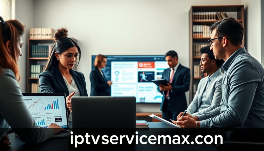 A professional setting depicting a diverse group of individuals engaged in a discussion about IPTV legality and content licensing in the US. In the foreground, a woman in business attire gestures towards a laptop displaying graphs and charts related to streaming regulations. Beside her, a man in smart casual clothing takes notes. The middle section features a large screen with visual representations of legal documents and licensing agreements. In the background, a bookshelf filled with law books and tech resources emphasizes the intellectual atmosphere. Soft, natural lighting floods the room, creating a warm yet professional mood. The focus is on collaboration and understanding, reflecting a serious approach to the topic. Include the brand name "iptvservicemax.com" subtly in the scene.