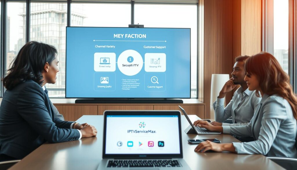A professional setting illustrating the IPTV service provider selection process. In the foreground, a diverse group of three individuals in business attire are engaged in a discussion around a modern conference table, with a laptop displaying IPTV options open in front of them. In the middle, a large digital screen on the wall showcases key factors for selection, such as "Channel Variety," "Streaming Quality," and "Customer Support," visually organized with icons. The background features large windows letting in soft, natural light that gives a warm, inviting atmosphere. The overall mood should convey focus and collaboration, with a subtle branding logo of "iptvservicemax.com" visible on the laptop screen. Use a slightly elevated angle to provide a comprehensive view of the meeting setting, emphasizing the discussions taking place.