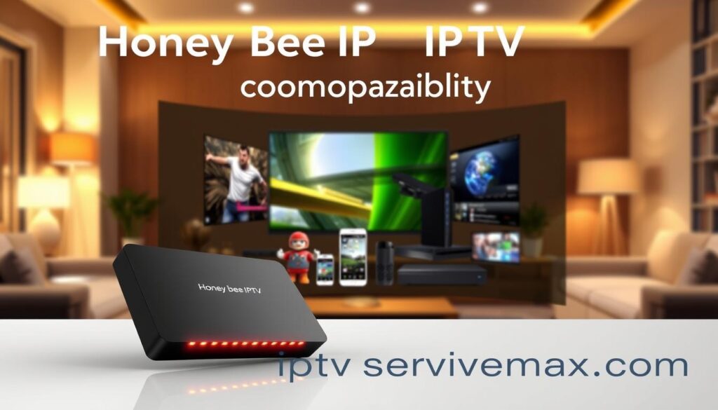 A professional, visually engaging overview of the Honey Bee IPTV device compatibility, showcasing a variety of popular streaming devices like smart TVs, tablets, and smartphones. In the foreground, a sleek Honey Bee IPTV device is prominently displayed at an angle, with glowing LED lights that give it a dynamic, modern feel. The middle layer features a collection of devices compatible with the Honey Bee IPTV, such as an Android TV, iPhone, and gaming console, all arranged in an aesthetically pleasing layout. The background fades into a soft blur of a cozy living room atmosphere, illuminated by warm, inviting lighting to convey a sense of comfort and entertainment. The overall mood feels modern and tech-savvy, ideal for illustrating versatility in streaming options. Include the brand name "iptvservicemax.com" subtly in the design without any overlays.