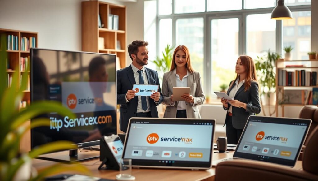 A professional workspace highlighting the top cheap IPTV providers in 2024. In the foreground, several sleek and modern electronic devices like a smart TV, tablet, and laptop displaying IPTV interface designs. The middle layer features business professionals, dressed in smart casual attire, engaged in a discussion over IPTV options, showcasing a range of IPTV logos including "iptvservicemax.com" on their devices. The background includes a bright, airy office setting with large windows letting in natural light, plants for a touch of greenery, and a subtly blurred bookshelf filled with technology and entertainment books. The atmosphere is vibrant and collaborative, conveying a sense of innovation and reliability in IPTV services. The lighting is warm and inviting, emphasizing a productive environment.