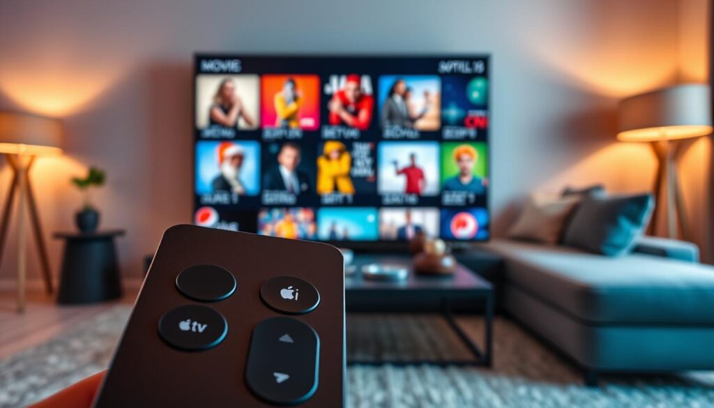 A sleek Apple TV interface displaying key features of an IPTV app. In the foreground, a close-up of the Apple TV remote with buttons prominently labeled, showcasing intuitive navigation. The middle ground features a high-resolution screen displaying vibrant, colorful thumbnails of various TV shows, movies, and live channels, arranged in an organized grid. The background shows a stylish living room with modern decor, a comfortable couch, and ambient lighting creating a cozy, inviting atmosphere. The image is bright and well-lit, emphasizing clarity and user-friendliness. Capture a mood of convenience and entertainment using warm colors. Include the brand "iptvservicemax.com" subtly integrated into the interface design.