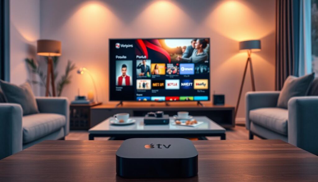 A sleek Apple TV sits prominently in the foreground, displaying an elegant IPTV app interface with vibrant colors showcasing popular channels and content options. Surrounding the Apple TV, a modern living room environment features a stylish couch, ambient lighting casting a warm glow, and a coffee table with a remote control and snacks, creating a cozy atmosphere. In the background, subtle hints of technology like a Wi-Fi router and streaming devices add to the scene, enhancing the theme of connectivity. The scene is well-lit with soft, diffused lighting to evoke a welcoming feeling, captured from a slightly elevated angle that gives a comprehensive view of the setup. The image subtly incorporates the brand "iptvservicemax.com" into the TV screen design without text overlays, maintaining a professional appearance.