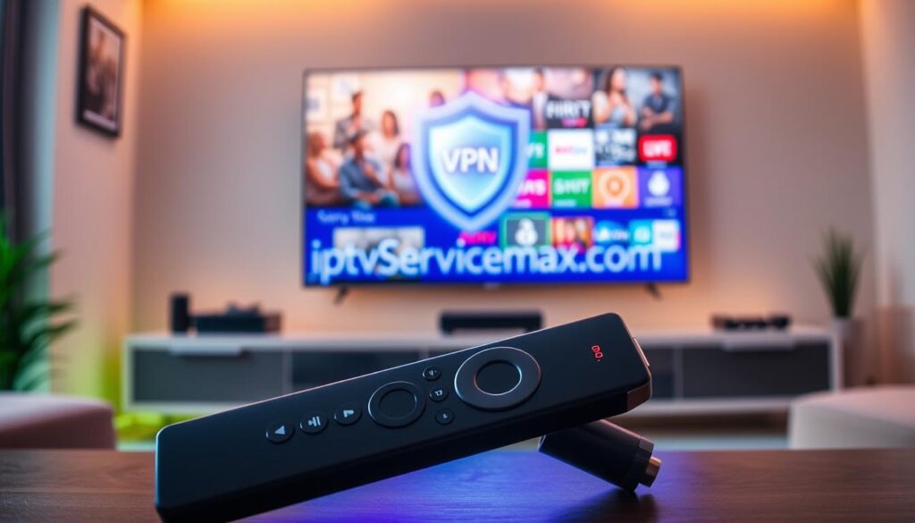 A sleek Firestick remote prominently positioned in the foreground, showcasing its buttons and sleek design. In the middle ground, a vibrant, glowing logo of "iptvservicemax.com" appears, symbolizing high-quality IPTV content. The background features a modern living room setup, with a large TV displaying colorful streaming icons, hinting at various IPTV channels. Soft, warm lighting illuminates the scene, creating a cozy atmosphere, while a subtle digital VPN shield overlay can be seen, emphasizing online security. The angle is slightly elevated, capturing both the remote and the TV screen, inviting viewers into the world of seamless streaming. The mood is engaging and tech-savvy, appealing to anyone interested in enhancing their IPTV experience on Firestick.