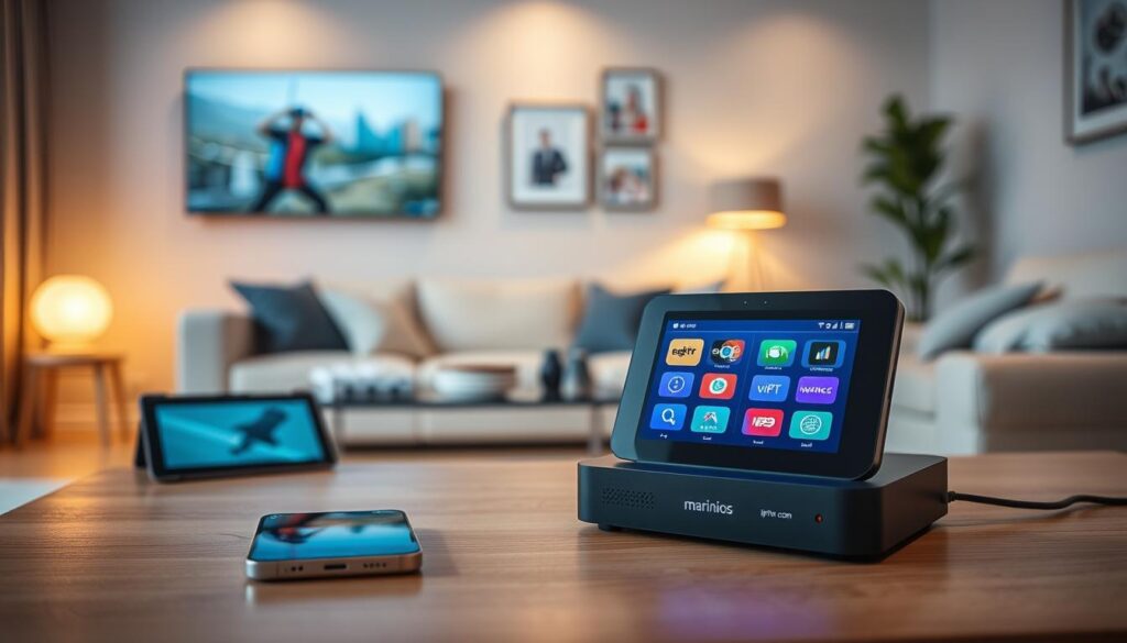 A sleek Marinios IPTV device sits prominently in the foreground, with a vibrant glowing interface displaying various streaming icons. Surrounding the device are a diverse range of compatible gadgets such as a smart TV, tablet, and smartphone, showcasing their interconnectedness. The middle ground features a modern living room setup, with a cozy couch and a stylish coffee table, emphasizing a comfortable streaming environment. The background presents a softly lit room with ambient lighting, creating a warm and inviting atmosphere. The scene is captured from a slightly elevated angle, using a shallow depth of field to keep focus on the IPTV device while gently blurring the background. The mood is relaxed and tech-savvy, embodying the essence of seamless streaming from anywhere, highlighting the reliability and versatility of Marinios IPTV. Include the website iptvservicemax.com subtly placed on a coffee table. A sleek Marinios IPTV device sits prominently in the foreground, with a vibrant glowing interface displaying various streaming icons. Surrounding the device are a diverse range of compatible gadgets such as a smart TV, tablet, and smartphone, showcasing their interconnectedness. The middle ground features a modern living room setup, with a cozy couch and a stylish coffee table, emphasizing a comfortable streaming environment. The background presents a softly lit room with ambient lighting, creating a warm and inviting atmosphere. The scene is captured from a slightly elevated angle, using a shallow depth of field to keep focus on the IPTV device while gently blurring the background. The mood is relaxed and tech-savvy, embodying the essence of seamless streaming from anywhere, highlighting the reliability and versatility of Marinios IPTV. Include the website iptvservicemax.com subtly placed on a coffee table.