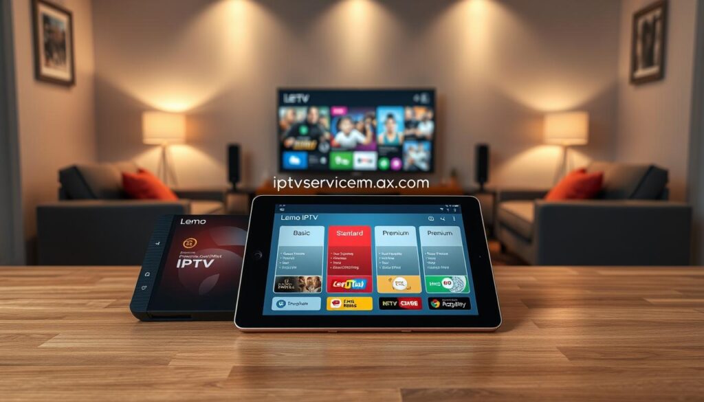 A sleek and modern digital display showcasing Lemo IPTV subscription plans creatively arranged on a stylish wooden table. In the foreground, a tablet with an interactive interface highlights the different plans, showing features like "Basic," "Standard," and "Premium" with colorful icons representing entertainment categories such as sports, movies, and series. In the middle background, a comfortable living room setting with a cozy sofa and an HDTV displaying vibrant streaming content. Soft, warm lighting illuminates the scene, creating an inviting atmosphere. The image should have a polished, professional look, appealing to tech-savvy viewers. The brand name "iptvservicemax.com" subtly integrated into the tablet interface. No text overlays or watermarks.