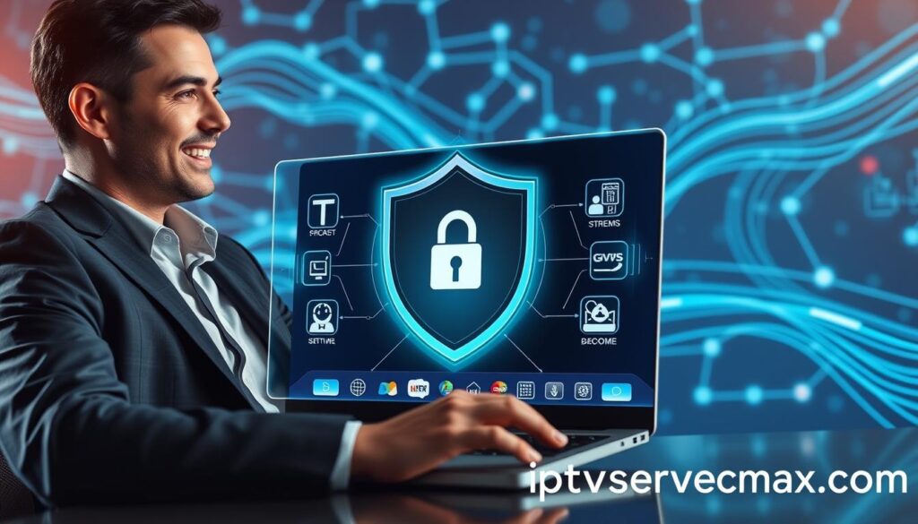 A sleek and modern digital workspace showcasing a laptop displaying IPTV streaming content, complemented by a VPN interface overlay. In the foreground, a professional business person in smart casual attire is engaged with the laptop, their face reflecting concentration and excitement. The middle layer features visual elements of a shield with a lock symbol representing security, alongside streaming icons representing various channels. The background is an abstract tech-themed design featuring flowing data streams and servers, illuminated with soft blue and green lighting to convey trust and connectivity. The atmosphere is dynamic and vibrant, suggesting fast and secure access to streaming services, with a subtle watermark of "iptvservicemax.com" integrated seamlessly into the image design.