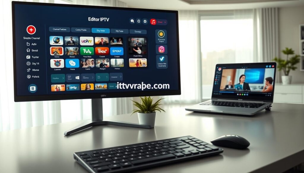 A sleek and modern digital workspace showcasing the core features of Editor IPTV for efficient streaming. In the foreground, a high-tech computer monitor displays a user-friendly interface featuring channel navigation, streaming options, and a media library. Beside the monitor, a stylish laptop is open to show a live streaming session, symbolizing multitasking capabilities. In the middle ground, an ergonomic desk setup includes a wireless keyboard and mouse, accentuated by a potted plant for a touch of nature. The background features a softly lit modern room with contemporary decor and a large window letting in natural light, creating an inviting atmosphere. The image captures a sense of professionalism and efficiency, targeting technology-savvy users. The brand "iptvservicemax.com" subtly incorporated into the digital interface.