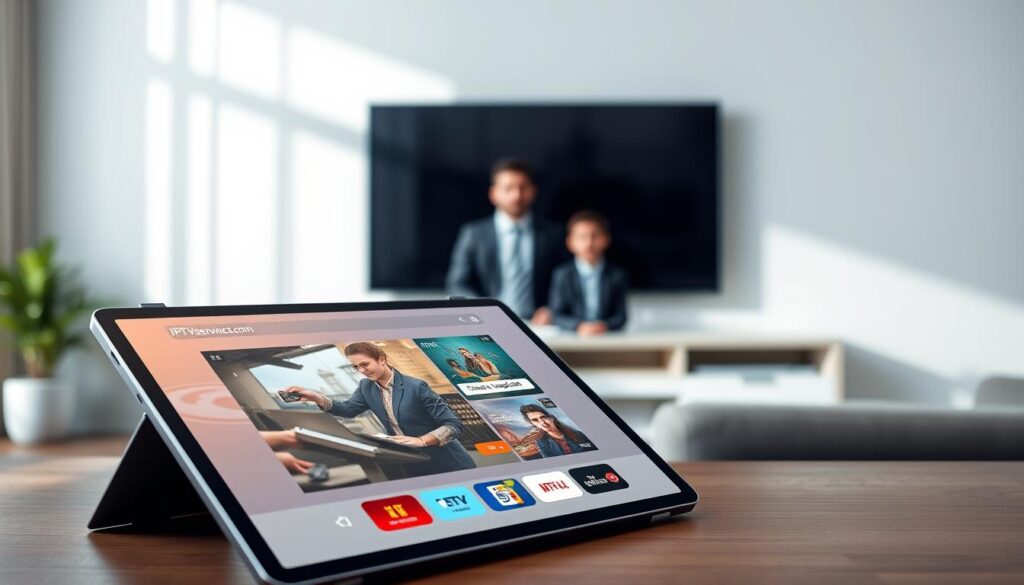 A sleek and modern digital workspace showcasing the features of the best IPTV services. In the foreground, a stylish tablet displays a vibrant IPTV interface with various streaming options and categories, highlighting user-friendly navigation. In the middle ground, a professional person in casual business attire sits at a contemporary desk, looking engaged while interacting with the tablet. The background features a soft, blurred living room setting with a large flat-screen TV mounted on the wall, emphasizing a comfortable streaming environment. Soft, natural lighting fills the scene, casting gentle shadows. The overall mood is inviting and informative, presenting the essence of cutting-edge entertainment technology. The brand name "iptvservicemax.com" subtly integrated into the design elements of the workspace.
