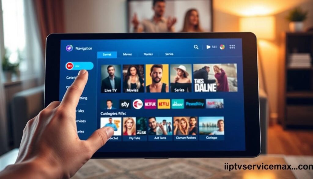 A sleek and modern interface of IPTV Smarters Pro displayed on a high-resolution tablet screen, showcasing an organized navigation menu. The foreground features a hand reaching out to interact with the touch screen, indicating ease of use. In the middle, the vibrant interface reveals distinct content categories like Live TV, Movies, and Series, with visually appealing icons and thumbnails. The background is softly blurred, resembling a cozy living room environment with warm lighting that enhances a relaxed viewing atmosphere. The color palette is a mix of dark blue and white, creating a tech-savvy feel. The image should capture an inviting mood, reflecting the joy of managing content effortlessly. Include a watermark with "iptvservicemax.com" subtly on the bottom right corner of the image.