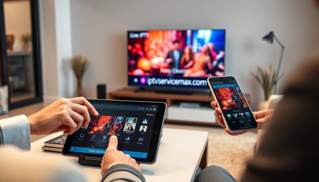 A sleek and modern living room showcasing an inline IPTV setup on multiple devices: a flat-screen TV, a tablet on the coffee table, and a smartphone in hand. In the foreground, a person dressed in smart casual attire interacts with the tablet, displaying a user-friendly IPTV interface. The middle layer features the flat-screen TV streaming a vibrant movie scene, subtly branded with "iptvservicemax.com." The background includes cozy decor with soft lighting, creating an inviting atmosphere. The angle is slightly elevated, capturing the devices in clear focus, highlighting the seamless integration of inline IPTV technology across different platforms. The mood is relaxed and enjoyable, perfect for illustrating the convenience of modern streaming services.