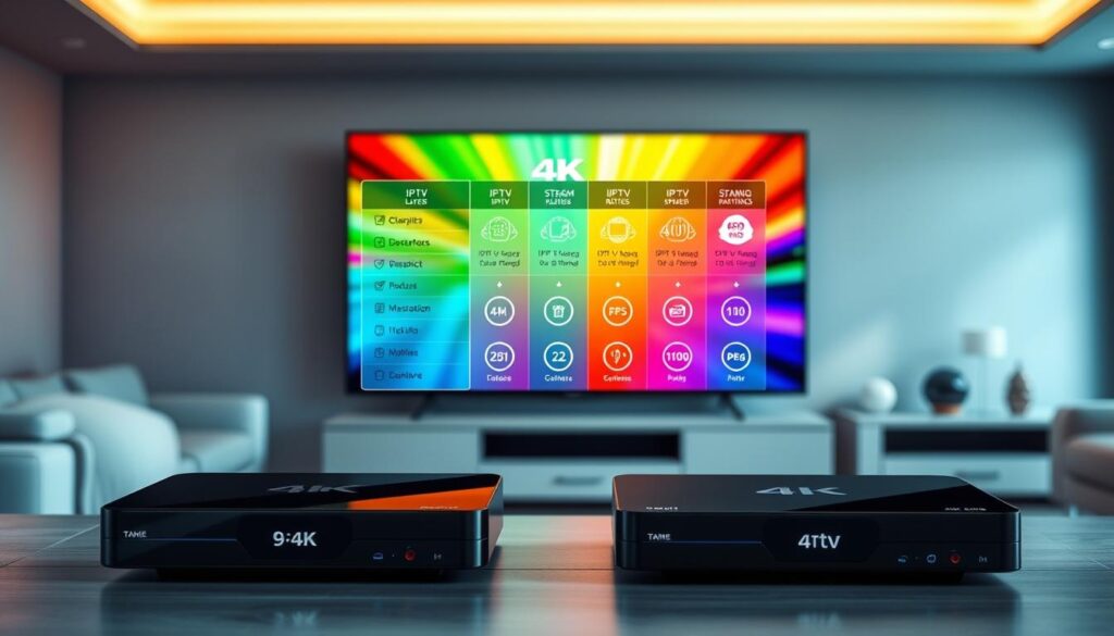 A sleek and modern tech comparison layout showcasing several IPTV players with an emphasis on their 4K capabilities. In the foreground, display stylish IPTV player devices, each labeled with a unique design. The middle layer features a vibrant, clear infographic presenting specifications such as resolution, streaming speed, and user ratings, all visually appealing with icons. The background should hint at a cozy living room setting with a large 4K TV displaying vivid colors, enhancing the atmosphere of streaming media enjoyment. Soft, diffused lighting illuminates the scene, emphasizing the devices while creating an inviting ambiance. Capture the essence of comparison, innovation, and seamless streaming experience, incorporating the brand name "iptvservicemax.com" subtly in the design.