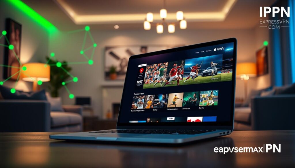 A sleek laptop displaying an IPTV streaming interface with vibrant sports content fills the foreground, showcasing dynamic graphics of live sports events. In the middle ground, a modern, stylish living room with comfortable furniture and dim ambient lighting creates a cozy atmosphere. Subtle green and blue tones depict a VPN network in the background, symbolizing security and speed. Soft lighting highlights the sleek design of the laptop and the dynamic visuals on the screen. The scene conveys excitement and reliability, representing ExpressVPN as the optimal choice for seamless streaming. Add an unobtrusive logo of "iptvservicemax.com" in the corner.