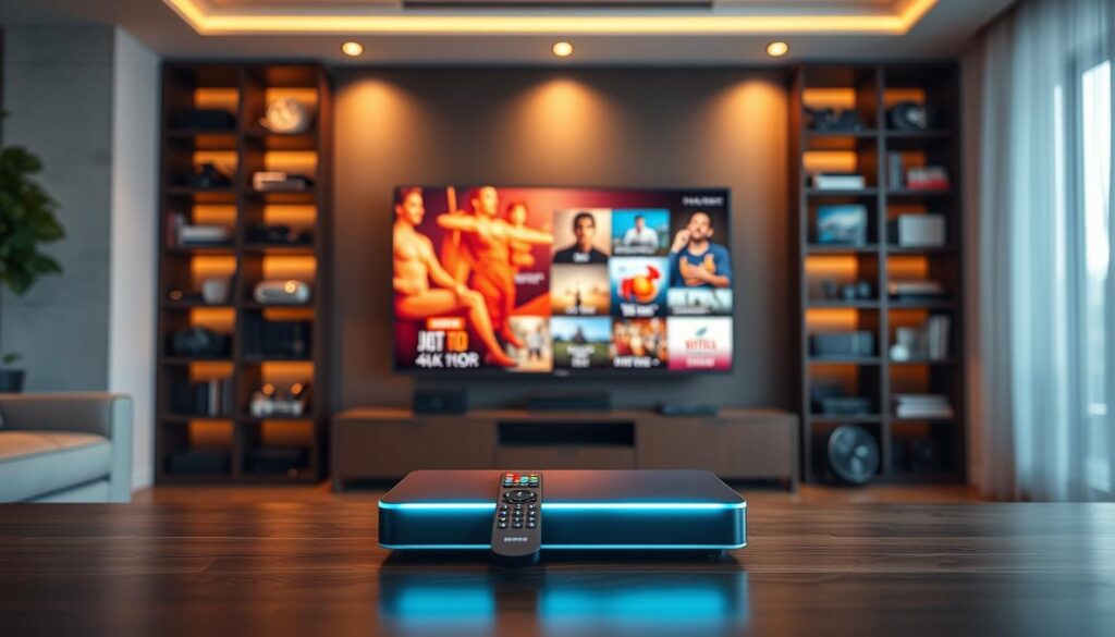 A sleek living room setting focused on a high-end IPTV player with the brand "iptvservicemax.com" prominently displayed. In the foreground, the IPTV player glows softly, showcasing its innovative design with a modern remote control beside it. In the middle ground, a large screen displays vibrant 4K HDR content, illustrating a seamless streaming experience. The background features a stylish bookshelf filled with technological gadgets, providing a tech-savvy ambiance. The lighting is warm and inviting, creating a cozy atmosphere. The scene captures a sense of sophistication and modernity, emphasizing the advanced performance and quality of IPTV One as the ultimate IPTV player, perfect for viewers seeking rich entertainment experiences.