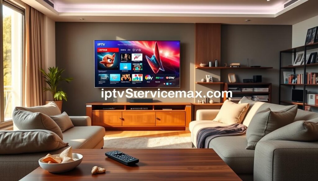 A sleek living room with a cozy couch, featuring a modern TV displaying vibrant streaming graphics, symbolizing high-quality IPTV service. In the foreground, a remote control rests on a coffee table, while snacks sit nearby, enhancing a relaxed viewing atmosphere. In the middle ground, a large window spills natural light into the room, casting soft shadows and creating an inviting ambiance. The background showcases contemporary decor and shelves with various entertainment options, reinforcing the idea of premium streaming experiences. The overall mood is warm and engaging, capturing the joy of quality entertainment. The scene subtly includes the brand name "iptvservicemax.com" embedded in a decorative item, while the lighting is bright and welcoming, suggesting clarity and sharpness associated with top-tier IPTV service.