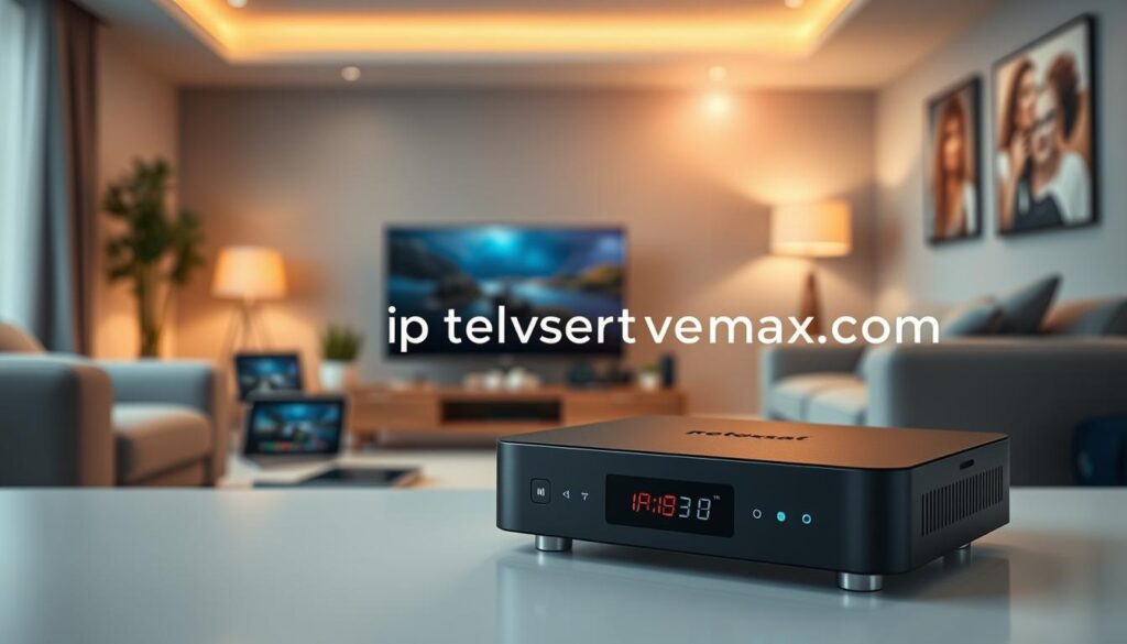 A sleek, modern Reflexsat IPTV device is prominently displayed in the foreground, showcasing its streamlined design and user-friendly interface. In the middle ground, a variety of compatible devices such as smart TVs, tablets, and smartphones are arranged, illustrating broad compatibility. The background features a cozy living room setting with soft, warm lighting, creating an inviting atmosphere. The room is decorated tastefully, reflecting a tech-savvy lifestyle. A subtle lens flare highlights the IPTV device, emphasizing its central role in entertainment. The overall mood is one of reliability and comfort, conveying trust in the Reflexsat IPTV service. Include the brand name "iptvservicemax.com" integrated elegantly into the scene without text overlays or watermarks.