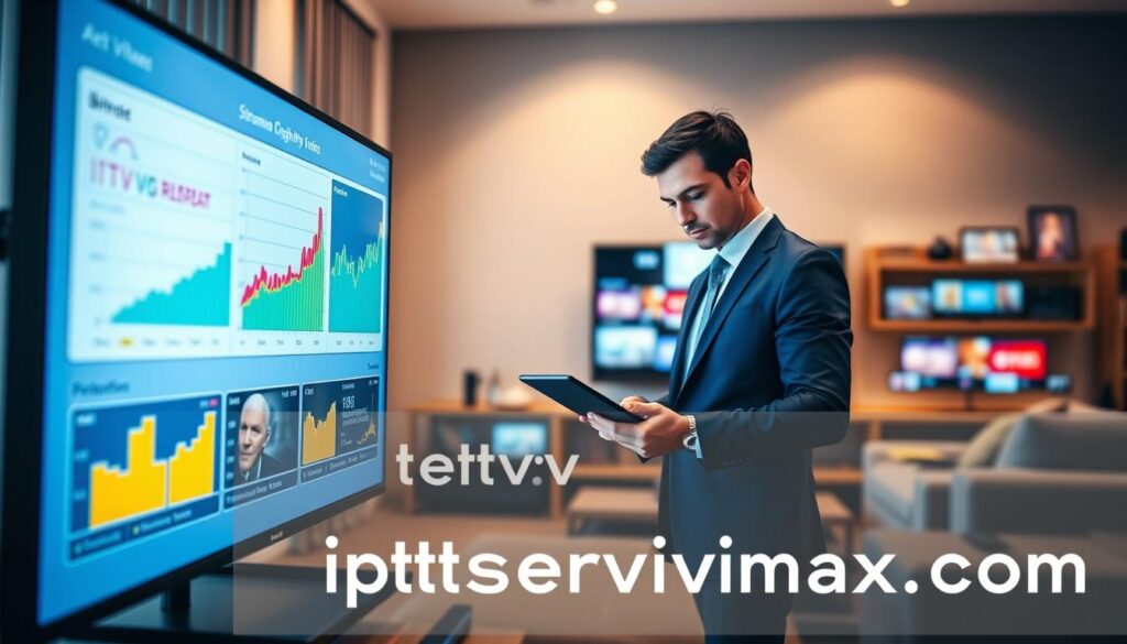 A sleek, modern digital interface showcasing "Streaming Quality and Performance Insights." In the foreground, a high-resolution screen displays vibrant graphs and analytics with metrics like bitrate, buffering rates, and resolution quality. The middle layer features a professional user wearing smart casual clothing, intently analyzing the data on a tablet, surrounded by devices displaying various streaming services. The background includes a blurred home entertainment setup with a couch, a large TV, and ambient lighting that creates a warm and inviting atmosphere. The image should capture a sense of professionalism and technological sophistication, fitting for an analysis of top-tier streaming services. Incorporate elements representing the brand "iptvservicemax.com." A sleek, modern digital interface showcasing "Streaming Quality and Performance Insights." In the foreground, a high-resolution screen displays vibrant graphs and analytics with metrics like bitrate, buffering rates, and resolution quality. The middle layer features a professional user wearing smart casual clothing, intently analyzing the data on a tablet, surrounded by devices displaying various streaming services. The background includes a blurred home entertainment setup with a couch, a large TV, and ambient lighting that creates a warm and inviting atmosphere. The image should capture a sense of professionalism and technological sophistication, fitting for an analysis of top-tier streaming services. Incorporate elements representing the brand "iptvservicemax.com."