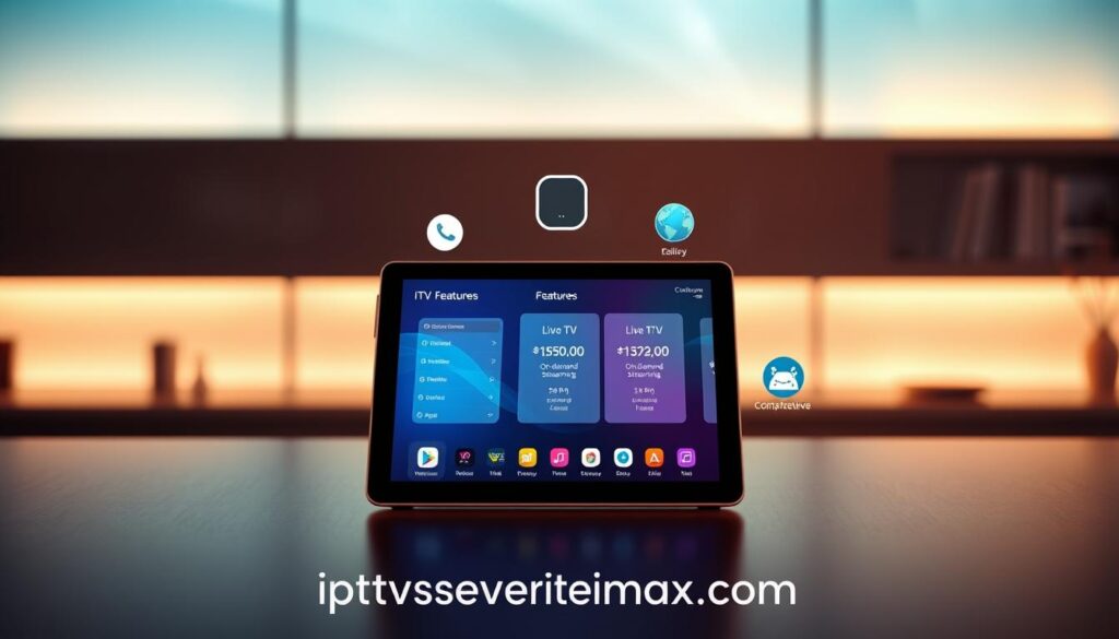 A sleek, modern digital interface showcasing the features and pricing of Zenora IPTV, with an elegant design that highlights user-friendly navigation and vibrant icons. In the foreground, include a stylish tablet displaying the user interface, surrounded by symbols representing key features such as live TV, on-demand streaming, and multi-device compatibility. The middle layer features floating elements depicting pricing tiers with a sense of clarity and accessibility. The background incorporates a soft-focus gradient of calming colors like blue and green, reminiscent of tranquility and relaxation, emphasizing the zen aspect of the brand. Soft, warm lighting illuminates the scene, creating an inviting atmosphere. The overall mood conveys reliability and user satisfaction, capturing the essence of zenoraiptv. The domain "iptvservicemax.com" subtly integrated into the design, ensuring no text overlays or distractions in the image. A sleek, modern digital interface showcasing the features and pricing of Zenora IPTV, with an elegant design that highlights user-friendly navigation and vibrant icons. In the foreground, include a stylish tablet displaying the user interface, surrounded by symbols representing key features such as live TV, on-demand streaming, and multi-device compatibility. The middle layer features floating elements depicting pricing tiers with a sense of clarity and accessibility. The background incorporates a soft-focus gradient of calming colors like blue and green, reminiscent of tranquility and relaxation, emphasizing the zen aspect of the brand. Soft, warm lighting illuminates the scene, creating an inviting atmosphere. The overall mood conveys reliability and user satisfaction, capturing the essence of zenoraiptv. The domain "iptvservicemax.com" subtly integrated into the design, ensuring no text overlays or distractions in the image.