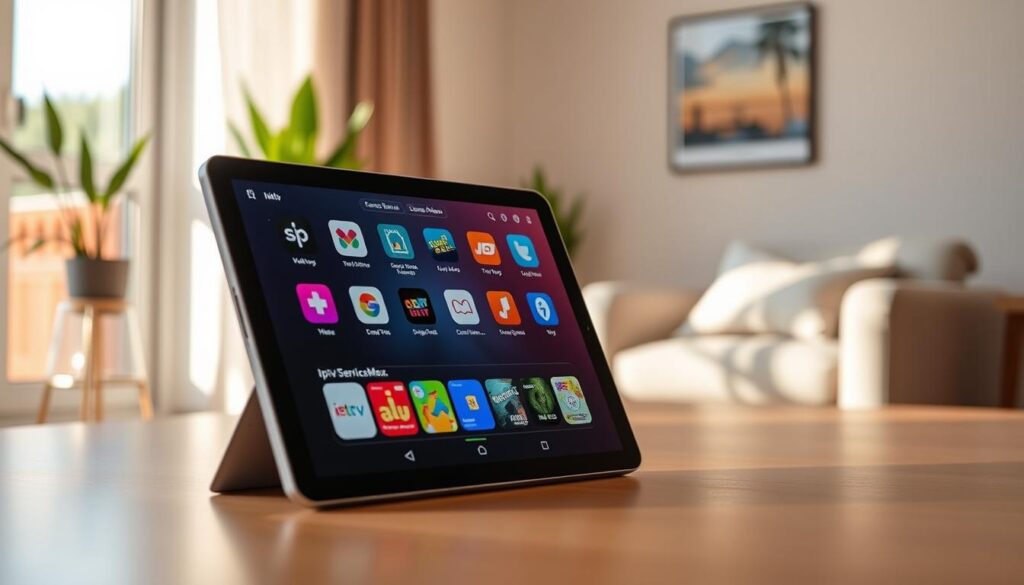 A sleek, modern digital workspace featuring a high-resolution tablet showcasing popular top-rated IPTV apps like "iptvservicemax.com" on its screen. In the foreground, the tablet is angled slightly, displaying vibrant app icons against a dark interface. The middle layer includes a comfortable, stylish office setup with a minimalist desk, a comfy chair, and a small plant, creating a sense of tranquility. In the background, a soft-focus window reveals a bright, sunny day, enhancing the atmosphere of relaxation and productivity. Soft, natural lighting pours in, creating a warm glow that highlights the tablet screen. The overall mood is inviting and tech-savvy, emphasizing the integration of technology and leisure.
