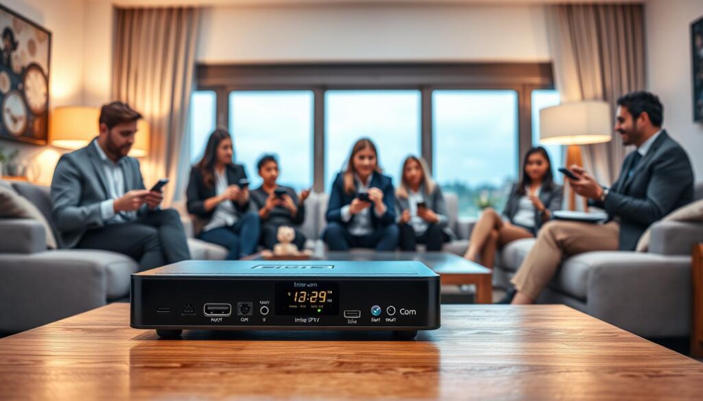 A sleek, modern inline IPTV device sits prominently in the foreground on a stylish wooden coffee table, showcasing various connectivity ports and a digital display. In the middle ground, a diverse group of individuals dressed in professional business attire engage with multiple streaming devices—smartphones, tablets, and smart TVs—highlighting device compatibility and flexibility. The background features a cozy living room with soft, ambient lighting from stylish lamps, creating a warm atmosphere. A large window reveals a serene outdoor view, suggesting a comfortable home setting for streaming. The overall mood is inviting and tech-savvy, emphasizing accessibility and innovation in entertainment. The brand “iptvservicemax.com” is subtly integrated into the design of the IPTV device.