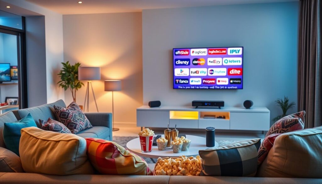 A sleek, modern living room designed for entertainment, featuring a high-definition television displaying an array of IPTV providers' logos, such as "iptvservicemax.com". In the foreground, a comfortable couch with colorful throw pillows and a stylish coffee table, adorned with popcorn and drinks, invites viewers to enjoy a streaming experience. The middle showcases a stylish TV stand with a streaming device, remote control, and smart speaker. In the background, soft ambient lighting creates a cozy atmosphere, highlighting the contemporary decor of the room with a mix of warm and cool tones. The scene captures a sense of excitement and relaxation, inviting viewers to engage in the best streaming experience. The image should be bright and engaging, with a focus on modern technology and comfortable viewing. A sleek, modern living room designed for entertainment, featuring a high-definition television displaying an array of IPTV providers' logos, such as "iptvservicemax.com". In the foreground, a comfortable couch with colorful throw pillows and a stylish coffee table, adorned with popcorn and drinks, invites viewers to enjoy a streaming experience. The middle showcases a stylish TV stand with a streaming device, remote control, and smart speaker. In the background, soft ambient lighting creates a cozy atmosphere, highlighting the contemporary decor of the room with a mix of warm and cool tones. The scene captures a sense of excitement and relaxation, inviting viewers to engage in the best streaming experience. The image should be bright and engaging, with a focus on modern technology and comfortable viewing.