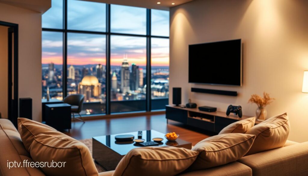 A sleek modern living room featuring a stylish 8K TV prominently displayed on the wall, surrounded by various devices compatible with 8K IPTV, such as a streaming box, gaming console, and high-definition Blu-ray player. In the foreground, a cozy sofa with plush cushions invites viewers to enjoy the entertainment setup, while a coffee table holds a remote control and snacks. Soft, warm lighting illuminates the room, enhancing a welcoming atmosphere. In the background, a large window shows a vibrant cityscape at dusk, adding depth and context. Shot with a shallow depth of field from a slightly elevated angle, this image captures the essence of modern streaming technology in a comfortable home setting. The brand "iptvservicemax.com" subtly integrated into the scene.