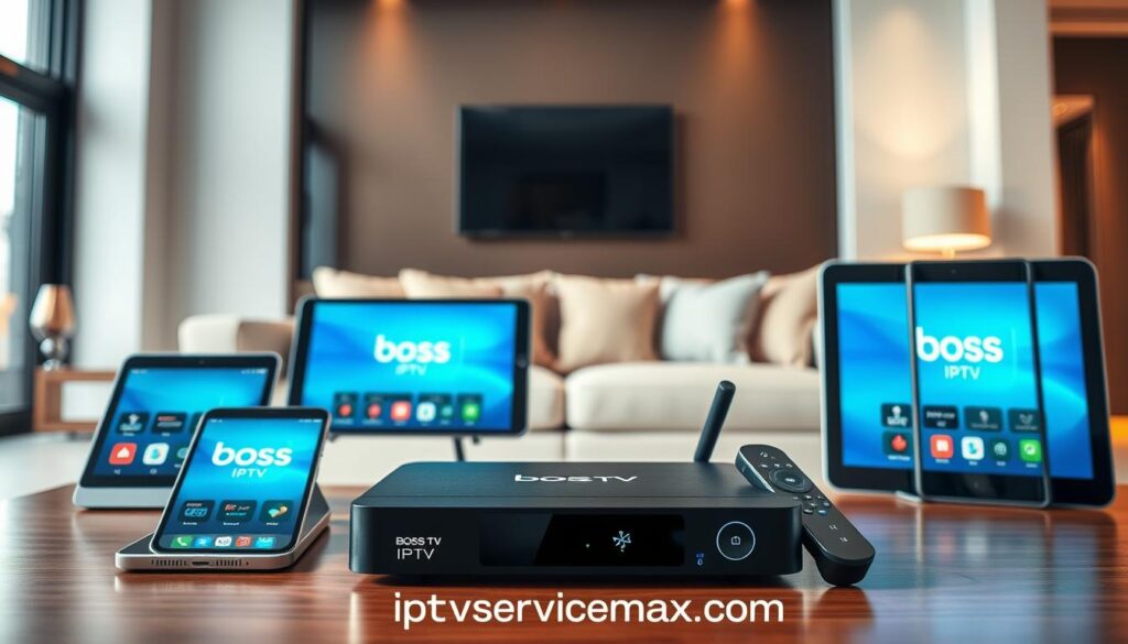A sleek, modern living room featuring various supported devices for Boss IPTV, such as a smart TV, tablet, smartphone, and streaming device prominently displayed on a stylish coffee table. The foreground showcases these devices, each showing the Boss IPTV interface, radiating a polished and inviting design. In the middle ground, a comfortable couch sits invitingly, adorned with plush cushions, creating a cozy atmosphere. The background features a well-lit, warm space with soft lighting, emphasizing tranquility and reliability. Use a slight angle to create depth, simulating a realistic viewpoint as if someone is about to sit down for a streaming session. The overall mood is friendly and professional, conveying a sense of accessibility and compatibility. The brand name "iptvservicemax.com" subtly integrated into the scene, ensuring a coherent visual representation of modern streaming technology.