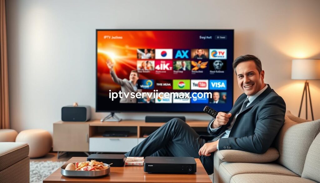 A sleek, modern living room scene featuring a large flat-screen TV displaying a vibrant IPTV interface, showcasing a variety of channels in an organized layout. In the foreground, a confident person in professional business attire sits comfortably on a stylish sofa, holding a remote and smiling, reflecting satisfaction with their streaming experience. The middle ground includes a coffee table with high-quality streaming devices and snacks, emphasizing a cozy viewing atmosphere. The background shows a well-decorated, contemporary room with soft, warm lighting that enhances the inviting ambiance. The logo "iptvservicemax.com" is subtly integrated into the IPTV interface. The overall mood is relaxed and content, illustrating the reliability and enjoyment of a high-quality IPTV service.