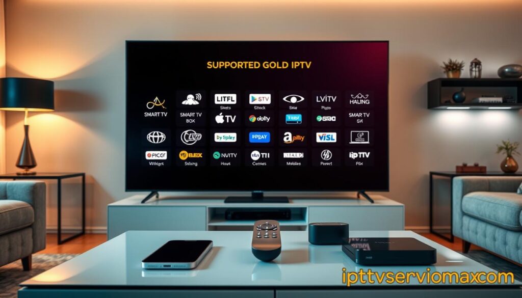 A sleek, modern living room setting, featuring an ultra-high-definition television displaying the device compatibility for Gold IPTV. In the foreground, a stylish coffee table holds various devices like a smartphone, tablet, and smart remote, all gleaming under soft, warm lighting. In the middle, the TV screen vividly showcases logos of supported platforms such as smart TVs, streaming boxes, and mobile devices, arranged in an organized and visually appealing manner. The background includes a cozy sofa and decorative elements that enhance the inviting atmosphere of the space. Capture this scene from a slightly elevated angle to emphasize the tech devices in front of the TV. The overall mood is contemporary and tech-savvy, reflecting an engaged viewer’s lifestyle, with brand reference iptvservicemax.com subtly integrated into the image design.