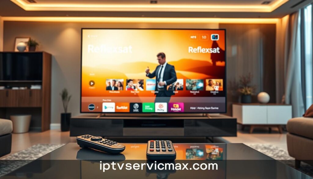A sleek, modern living room setting serves as the foreground, showcasing a large flat-screen TV displaying a vibrant user interface of "Reflexsat IPTV Technology." A remote control is resting on a stylish coffee table, emphasizing ease of use. In the middle, a professional-looking person in business attire is interacting with the TV, demonstrating engagement with the IPTV service. The background features tasteful decor, with warm lighting creating a cozy atmosphere that highlights a sense of comfort and reliability. Soft shadows accentuate the details and depth of the room. The overall mood conveys trust and innovation, reflecting the cutting-edge technology of Reflexsat IPTV as a choice for seamless streaming needs. Include the website "iptvservicemax.com" subtly integrated into the design elements.