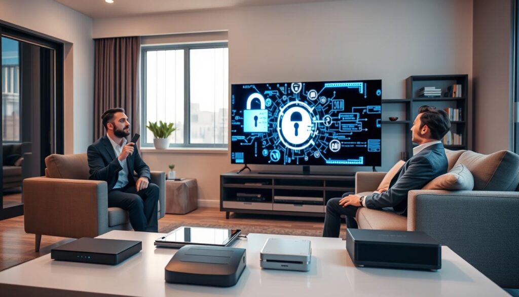 A sleek, modern living room setting showcasing security and privacy in IPTV services. In the foreground, a professional individual dressed in business attire is seated on a contemporary sofa with a remote control in hand, looking thoughtfully at a high-definition smart TV displaying an abstract representation of data encryption and privacy symbols. In the middle ground, a coffee table features an array of tech gadgets—like a tablet and a firewall device—illuminated by soft, warm lighting. The background includes a window with tinted glass, symbolizing privacy, and shelves filled with books about cybersecurity. The atmosphere is one of professionalism and trust, emphasizing the importance of security in streaming services like iptvservicemax.com. The scene captures a balance of technology and comfort, with a focus on user awareness and protection.