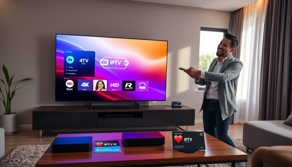 A sleek, modern living room setting with a large flat-screen television displaying the vibrant interface of "4k IPTV Extreme". In the foreground, a user, dressed in smart casual attire, joyfully interacts with a smart remote, highlighting the theme of instant activation. The middle ground features a stylish coffee table with streaming devices and a streaming subscription card for "iptvservicemax.com". In the background, soft ambient lighting casts a warm glow, and a window allows natural sunlight to illuminate the room, creating an inviting atmosphere. The overall mood is one of excitement and ease, emphasizing the effortless setup and accessibility of the IPTV service. The angle is slightly elevated, giving a clear view of the setup and the user engaged with the technology.