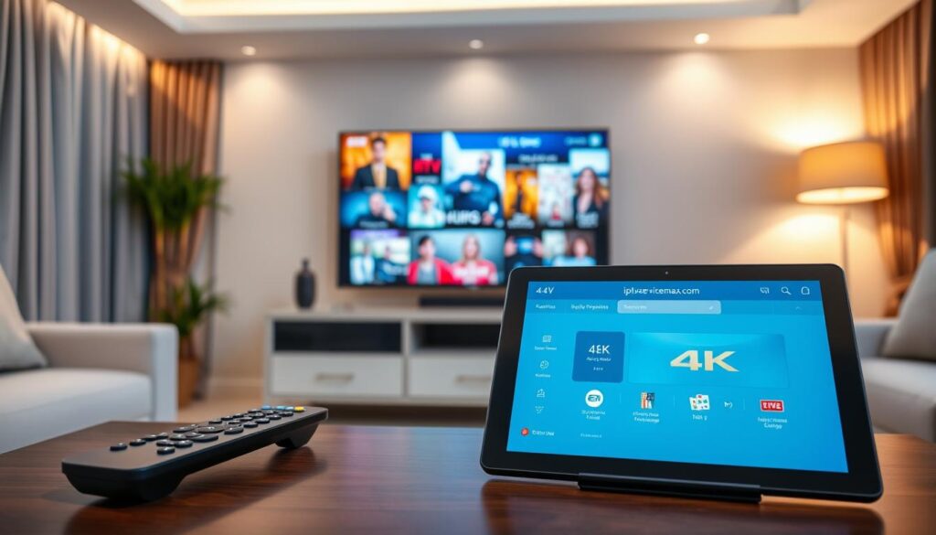 A sleek, modern living room setup focused on a high-definition television displaying 4K content, symbolizing optimization for an IPTV player. In the foreground, a stylish remote control rests on a coffee table beside a tablet showcasing the interface of "iptvservicemax.com", highlighting user-friendly features for seamless streaming. The middle ground features the television screen vividly portraying bright, colorful scenes from popular shows, with sharp detail emphasizing 4K quality. In the background, soft, ambient lighting creates a cozy atmosphere, with elegant curtains and contemporary furniture enhancing the sophisticated feel. A subtle focus on the technology and streaming experience conveys a sense of advanced digital living. The overall mood is modern and inviting, ideal for anyone looking to enhance their home entertainment setup.