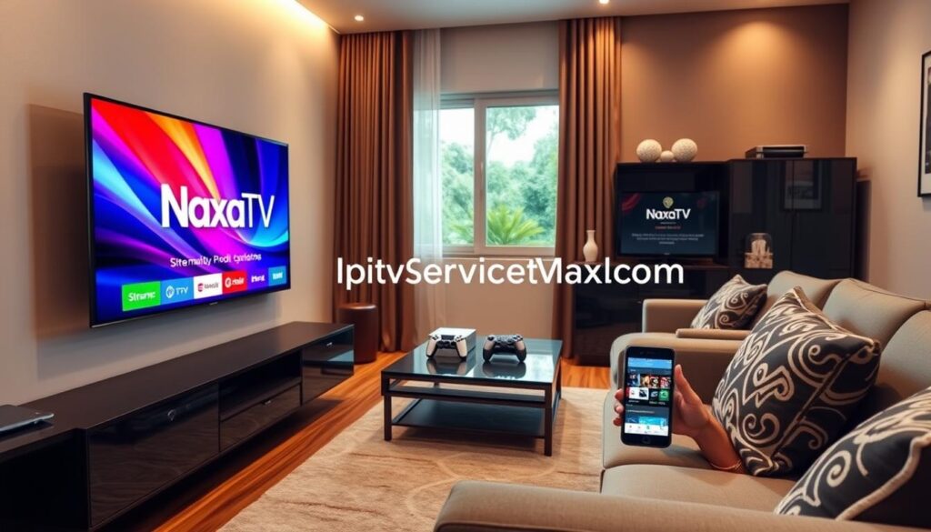 A sleek, modern living room setup showcasing the NaxaTV IPTV service. In the foreground, a stylish flat-screen TV displays the NaxaTV logo, with vibrant colors and streaming options visible. To the right, a cozy sofa with decorative cushions invites relaxation, while a coffee table holds a remote and a smartphone displaying the IPTV service interface. The middle section features a stylish entertainment unit with streaming devices and game consoles. In the background, a well-lit window reveals a lush garden, adding a touch of nature. Soft, warm lighting enhances the inviting atmosphere, and the image adopts a professional and clean aesthetic. The setting conveys a sense of comfort and high-tech living. The brand name "iptvservicemax.com" subtly integrated into the decor. A sleek, modern living room setup showcasing the NaxaTV IPTV service. In the foreground, a stylish flat-screen TV displays the NaxaTV logo, with vibrant colors and streaming options visible. To the right, a cozy sofa with decorative cushions invites relaxation, while a coffee table holds a remote and a smartphone displaying the IPTV service interface. The middle section features a stylish entertainment unit with streaming devices and game consoles. In the background, a well-lit window reveals a lush garden, adding a touch of nature. Soft, warm lighting enhances the inviting atmosphere, and the image adopts a professional and clean aesthetic. The setting conveys a sense of comfort and high-tech living. The brand name "iptvservicemax.com" subtly integrated into the decor.