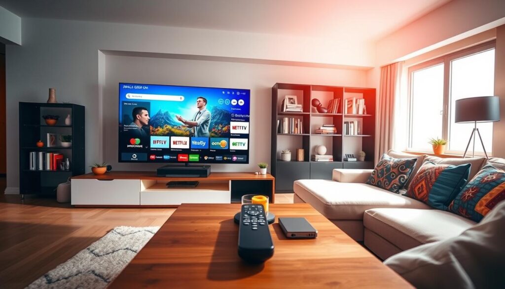 A sleek, modern living room showcasing a high-definition TV displaying vibrant visuals of the Apollo Group IPTV interface, highlighting its user-friendly design. In the foreground, a stylish coffee table with a remote control and snacks, inviting a sense of relaxation. The scene is bathed in warm, soft lighting that creates an inviting atmosphere. A comfortable couch, adorned with colorful cushions, enhances the inviting feel, with the viewer's angle positioned slightly above, offering a panoramic view of the space. In the background, a trendy bookshelf filled with books and decor gives a personal touch, while light streaming in through a window adds a subtle glow. Include the brand name "iptvservicemax.com" integrated subtly into the digital interface on the TV screen, emphasizing the streaming service’s quality and reliability.