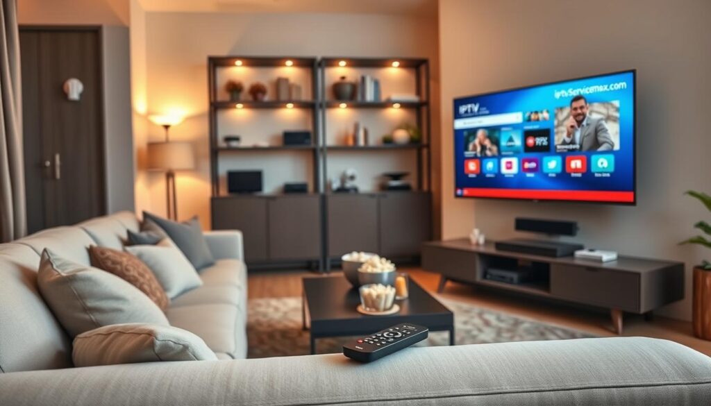A sleek, modern living room showcasing an IPTV setup, emphasizing the effortless configuration and seamless access experience. In the foreground, a stylish smart TV displays the IPTV interface from "iptvservicemax.com," with a streamlined remote control nearby. The middle layer features a comfortable sofa with plush cushions, inviting viewers to relax and enjoy their streaming sessions. A small coffee table holds popcorn and drinks, enhancing the cozy feel. In the background, softly lit shelves adorned with tech gadgets and decorative items create an inviting atmosphere. Warm, ambient lighting emanates from floor lamps, casting a glow that feels both modern and friendly. The angle should present a slightly elevated perspective, capturing the setup's inviting nature while ensuring clarity and detail throughout the composition.