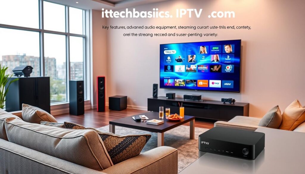 A sleek, modern living room with a high-definition television prominently displaying vibrant streaming content from ittechbasics IPTV. In the foreground, a comfortable sofa with stylish cushions and a remote control rests within arm's reach, inviting relaxation. The middle ground features a coffee table adorned with snacks and drinks, creating a cozy viewing atmosphere. In the background, large windows allow natural light to flood the room, highlighting advanced audio equipment and a user-friendly streaming device. The scene is illuminated with soft, warm lighting to evoke a welcoming ambiance. A digital display on the TV showcases key features of ittechbasics IPTV, emphasizing usability and content variety. Ensure the image reflects professionalism and comfort, capturing the essence of an enhanced streaming experience with the brand name "iptvservicemax.com" subtly integrated into the design.