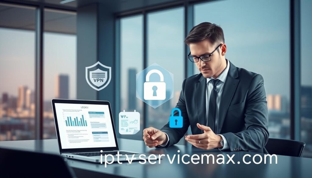 A sleek, modern office environment depicting the theme of "Security and legality in IPTV services." In the foreground, a professional business person dressed in smart attire examines a laptop screen displaying data graphs and legal documents related to IPTV compliance. In the middle, elements such as a VPN logo, firewall graphics, and digital security locks illustrate the security aspect. The background features a cityscape through large windows, suggesting a connected world. Soft, ambient lighting highlights the figures and objects, creating a focused and serious atmosphere, while a subtle blue hue evokes trust and reliability. No text or logos apart from "iptvservicemax.com," seamlessly integrated into the scene elements.